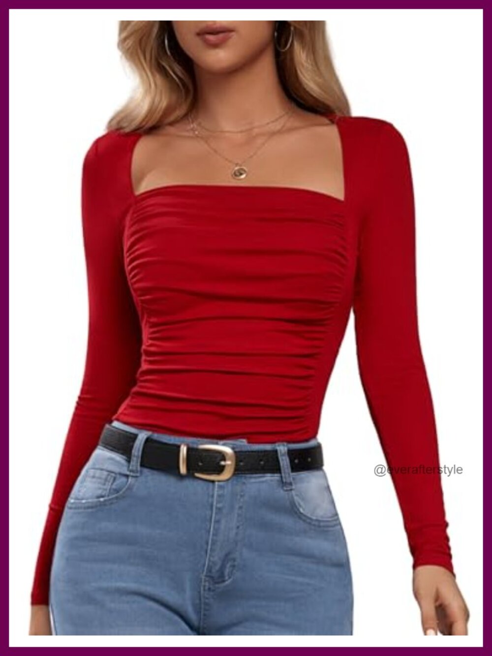 Florboom Women Ruched Fitted Square Neck Long Sleeve Going Out T-Shirt